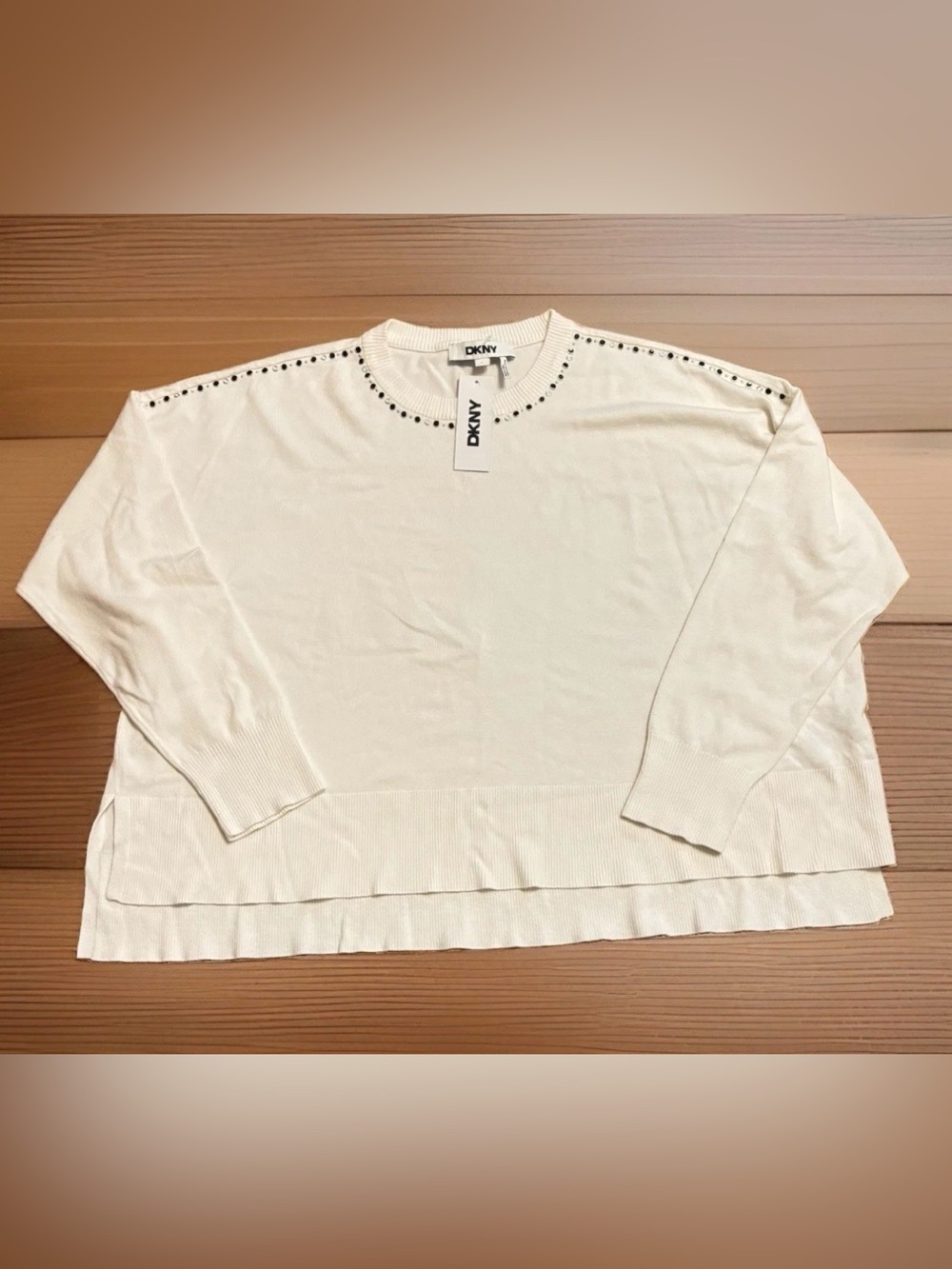 DKNY Women’s Studded Crewneck Boxy Fit Sweater - Ivory - Large